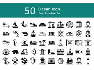 Marine Solid Icons – Sea Animals, Boats, Diving, and Nautical Elements. Ocean Illustration Set