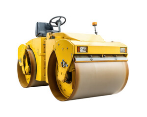 Yellow road roller construction vehicle with large metal drum, isolated on transparency background, used for flattening surfaces in roadwork and building projects, industrial equipment