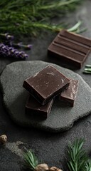 Dark chocolate bars on dark stone, surrounded by herbs and spices
