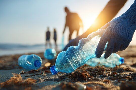 Hands in blue gloves pick up plastic bottles on a beach