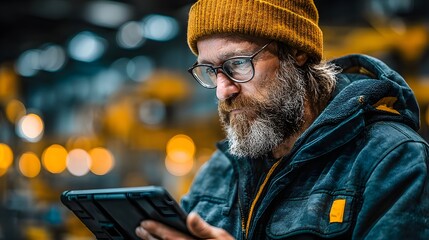Focused bearded worker uses tablet device inside illuminated factory setting performing inspection operation analyzing information details