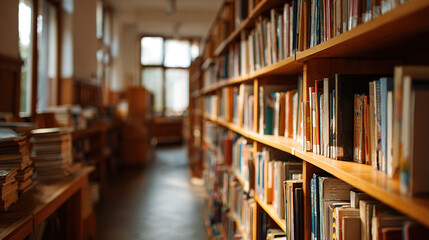 A library with receding bookshelves bathed in soft light, symbolizing the endless pursuit of knowledge.