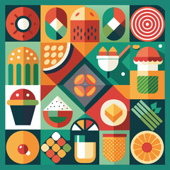 Abstract geometric pattern of farm food. Stylized poster with fruit and vegetables. Agriculture plants in cubism style. Contemporary art of healthy, natural, organic products. Flat vector illustration