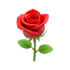 Fototapeta premium A single vibrant red rose with green leaves and stem isolated on transparent background