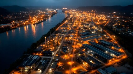Fototapeta premium Glowing refineries illuminate riverfront industrial landscape at night showing urban development aerial view