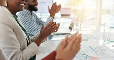 Hands, success and business people with applause to celebrate investment, target or award....