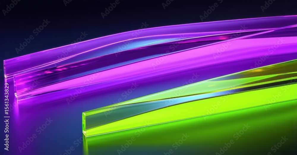 Poster abstract glowing lines, vibrant purple, green hues. smooth curves, reflections create dynamic visual