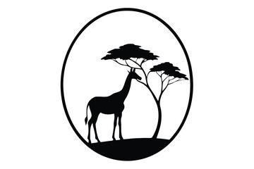 Circular silhouette of a giraffe and tree in a natural landscape