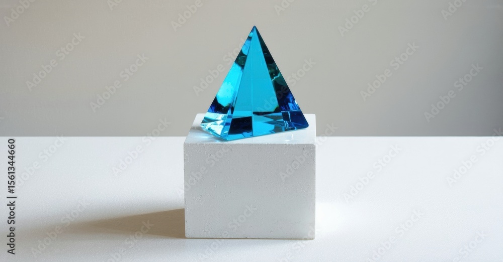 Poster blue crystal pyramid rests upon white cube. minimalist composition, clean lines, studio lighting cre