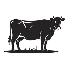 A Silhouette of a Dairy Cow Standing on a Small Patch of Grass in a Black and White Vector Drawing, ai generated