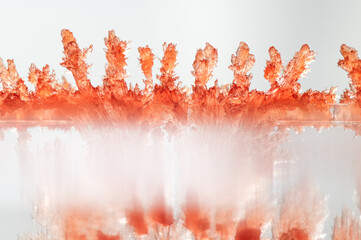 A macro photograph of vividly red, lab-grown crystals, showcasing their intricate geometric...