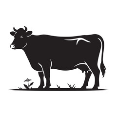Serene Silhouette A Cow Grazing Peacefully in a Grassy Meadow Black and White Minimalist Art Rural Scene Livestock Farming, ai generated