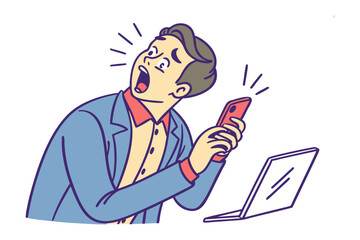 Man's Technological Surprise: A man in shock looking at his mobile phone in front of a laptop computer. Capturing the intensity and astonishment of the moment