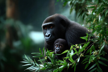 gorilla mother with baby in the jungle