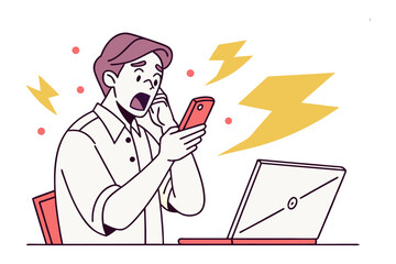 Digital Shock: A man experiences digital overwhelm, phone and laptop interaction and is caught in the moment, in a digital world.