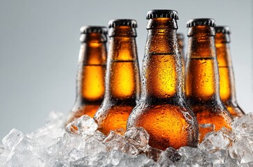 Bottles of cold and fresh beer with ice isolated. High quality