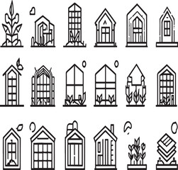 Collection of greenhouse icons with various designs and plant life in a flat vector style format