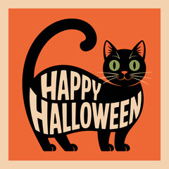Black cat with happy halloween text, retro vector illustration