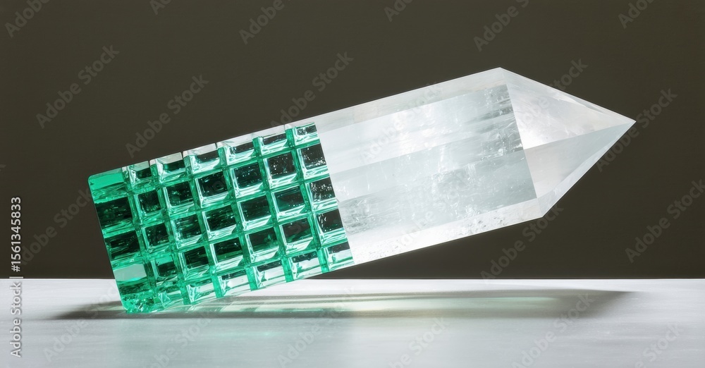 Poster crystal sculpture combines clear, green blocks. modern design, sharp point, minimalist aesthetic. li