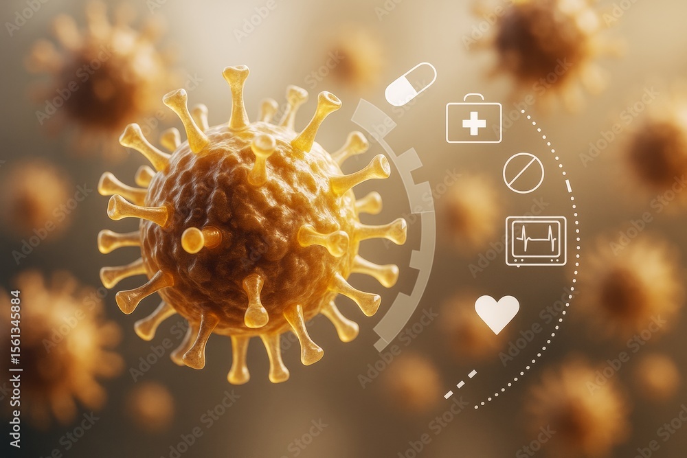 Poster abstract medical concept of virus cells with health icons and soft light background in scientific vi