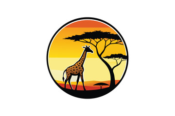 Circular silhouette of a giraffe and acacia tree in a savanna landscape