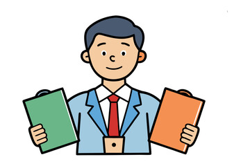 Professional’s Presentation: An animated professional, dressed in a smart suit, holds two clipboards in a composed pose,ready for business or presentation or consulting. Emphasizing concepts.