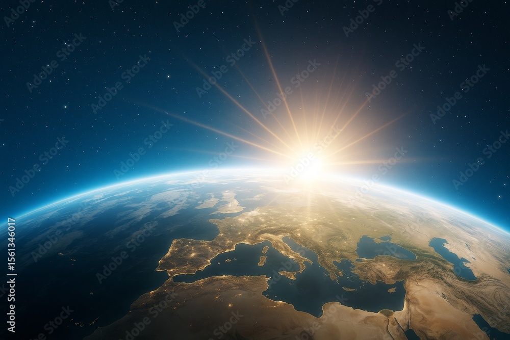Poster sunrise over earth showing europe and middle east from space with glowing light rays against starry 