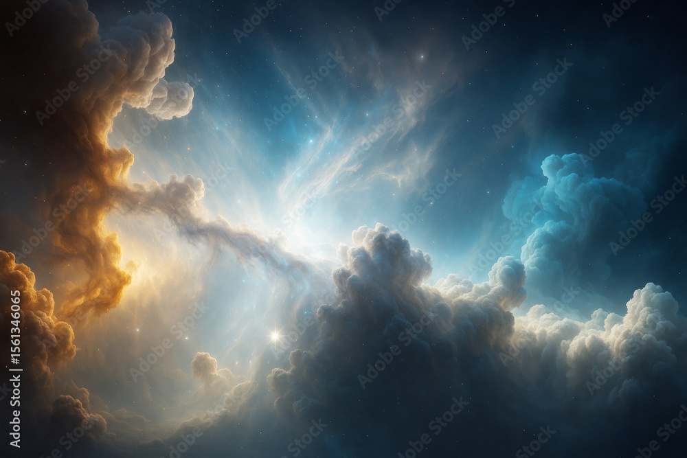 Poster Cosmic nebula with glowing light and swirling cloud formations in deep space on a dark starry background, symbolizing science and creation concept.