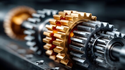 Metallic gears interlock creating motion within complex machinery in detailed macro view industrial setting showing mechanical precision