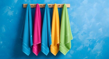 Colorful towels hanging on a wooden rack against a textured blue wall backdrop