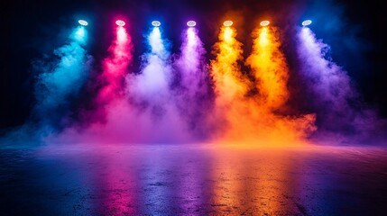 Colorful stage lights illuminating smoky concrete floor