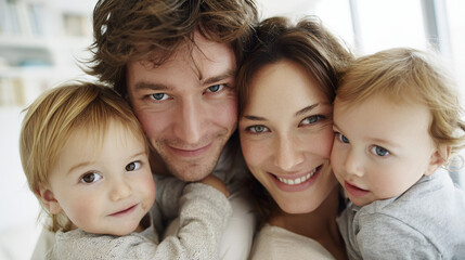 Young parents embracing their two small children in a tender moment, capturing the warmth of family love.