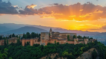 Sunset over Alhambra with people visiting