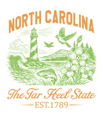 North Carolina The Tar Heel State - Us States Cityscape T-shirt Vector, American State Cityscape Illustration, Vintage State Cityscape Shirt, States Landmark Quotes Typography