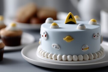 Space-themed cake with planets and spaceships on white plate