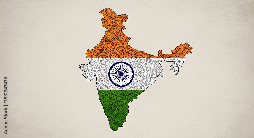 Poster stylized illustration of the map of india filled with the colors of the indian flag and intricate pa