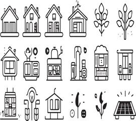 Line art icons depicting sustainable living elements such as houses and renewable energy sources