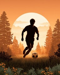 Silhouette of Soccer Player at Sunset in a Forest