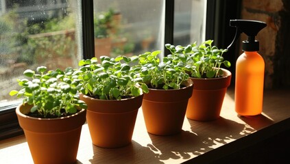 Four terracotta pots of small basil plants sit on a windowsill, bathed in sunlight. A spray bottle rests beside them