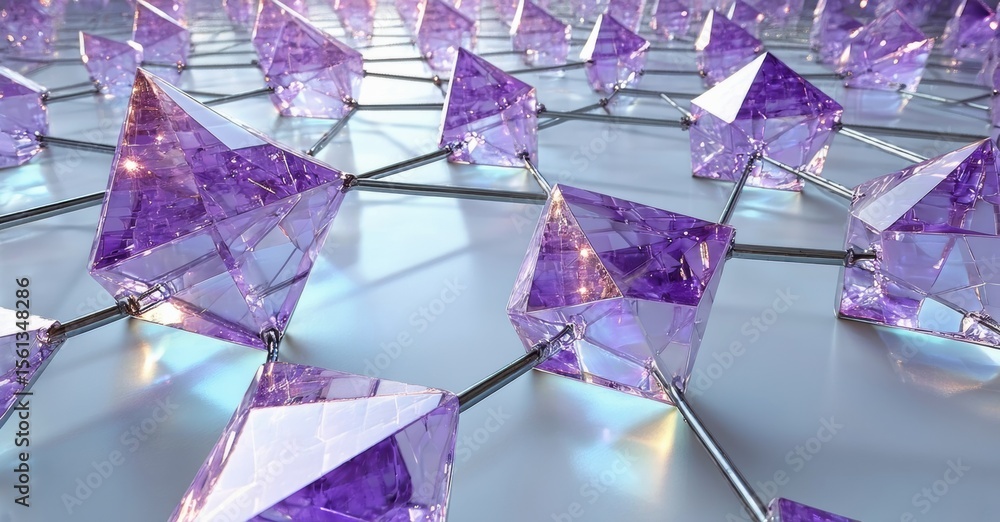 Aufkleber Purple crystals form hexagonal network. Shiny surfaces reflect light, creating futuristic abstract pattern. Metallic connections visible.