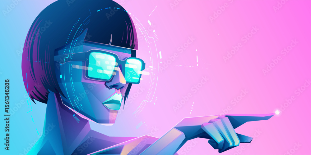 Poster concept of virtual reality or augmented reality, character design of sexy tech user wearing smart gl