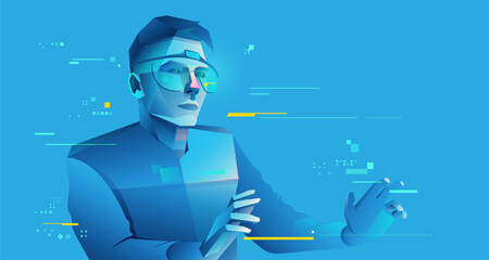 concept of virtual reality or augmented reality, character design of tech user wearing smart glasses working in cyberspace presented with cyberpunk style