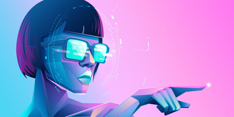 concept of virtual reality or augmented reality, character design of sexy tech user wearing smart glasses working in cyberspace presented with cyberpunk style