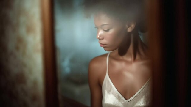 A person reflecting in a foggy bathroom mirror