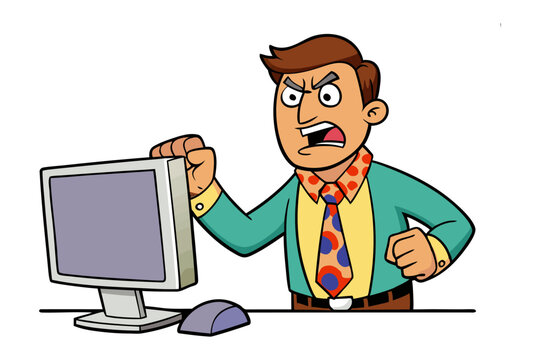 Angry Computer User: An animated depiction of a frustrated individual at a computer, with a red face showing anger and frustration.