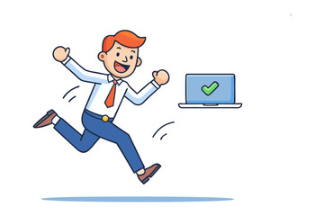 Achievement and success: A businessperson celebrates achieving a digital goal, running toward his laptop and a digital symbol of success, conveying a sense of joy and fulfillment.