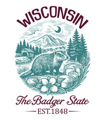Wisconsin The Badger State - Us States Cityscape T-shirt Vector, American State Cityscape Illustration, Vintage State Cityscape Shirt, States Landmark Quotes Typography