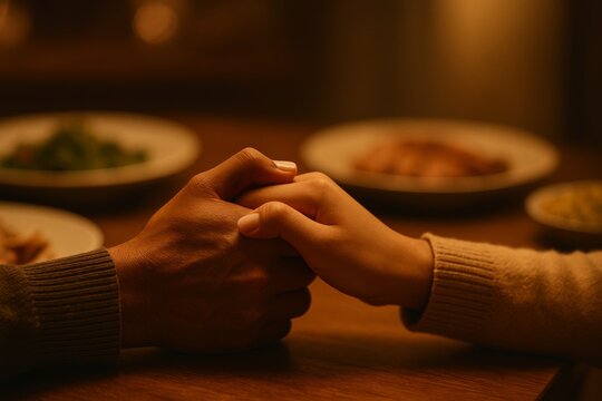 Romantic couple holding hands at candlelit dinner table setting - Powered by Adobe