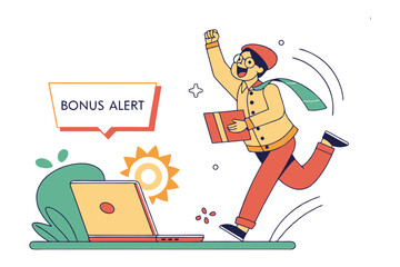 Bonus Alert Celebration: Happy person celebrating bonus alert on laptop.