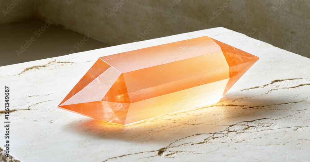 Poster Orange crystal object rests upon textured surface. Light emanates from within, creating warm glow. Minimalist composition, soft shadows present.